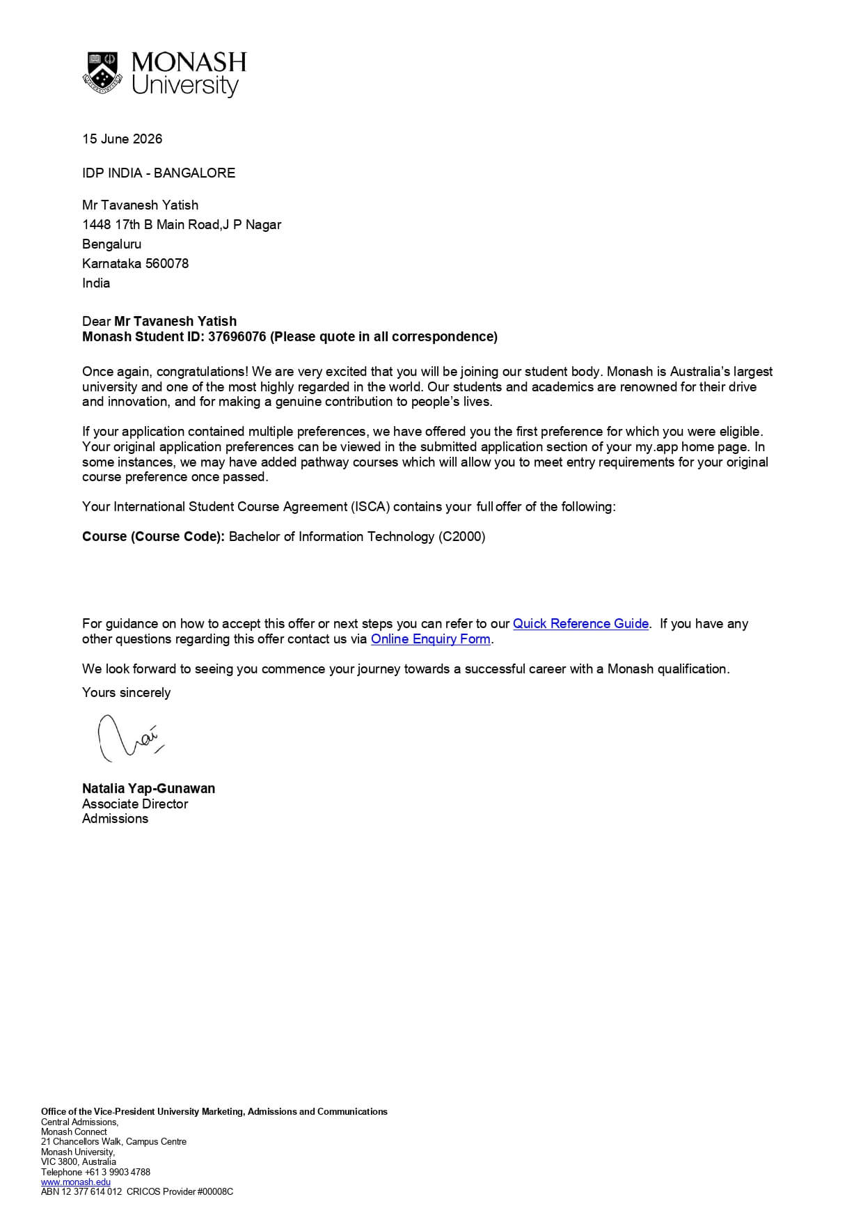 Monash University Tavanesh offer