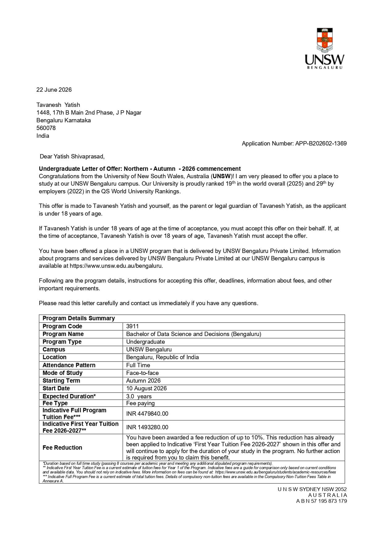 UNSW Bengaluru Program Offer Tavanesh