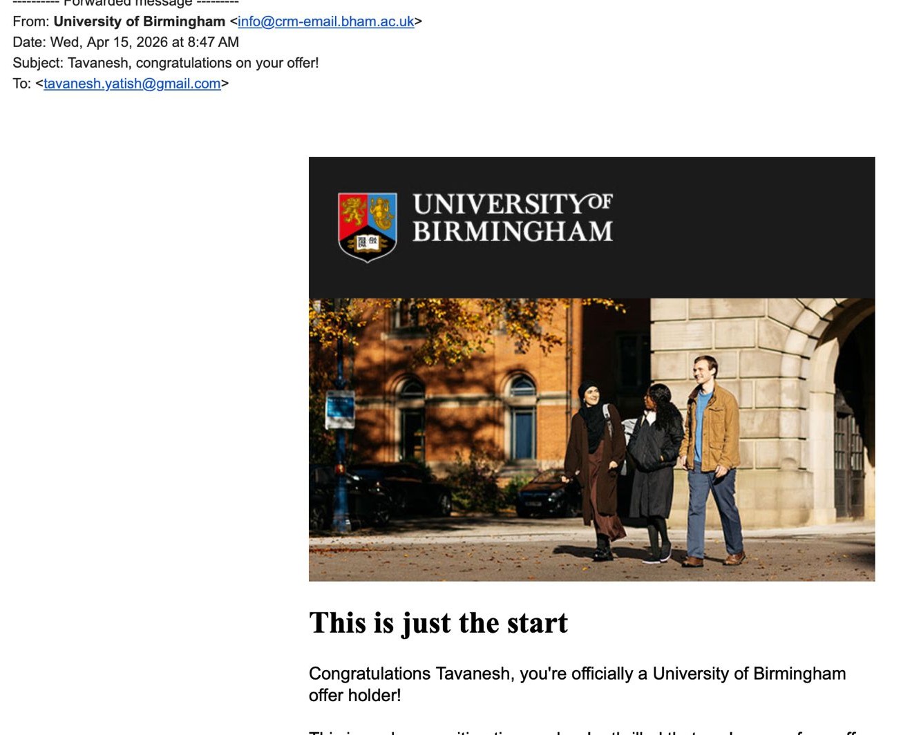university of bermingham offer