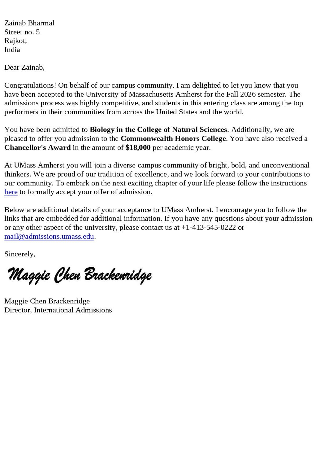 zainab amherst letter of acceptance
