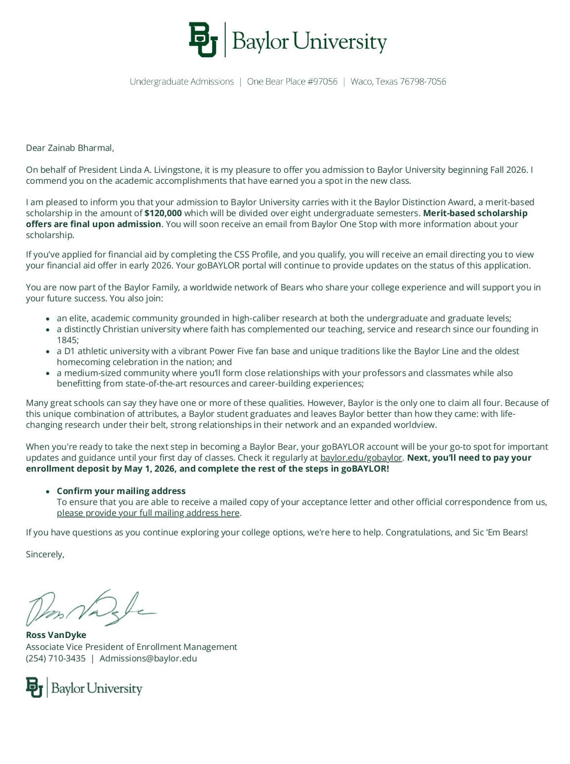 zainab bharmal baylor offer letter