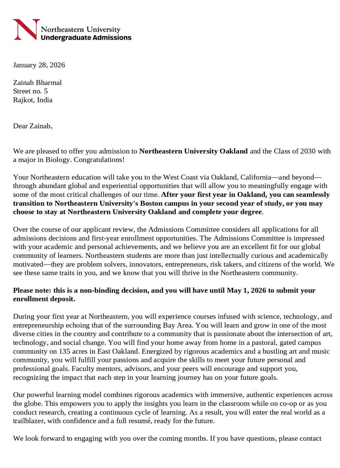 zainab northeastern oakland letter of acceptance