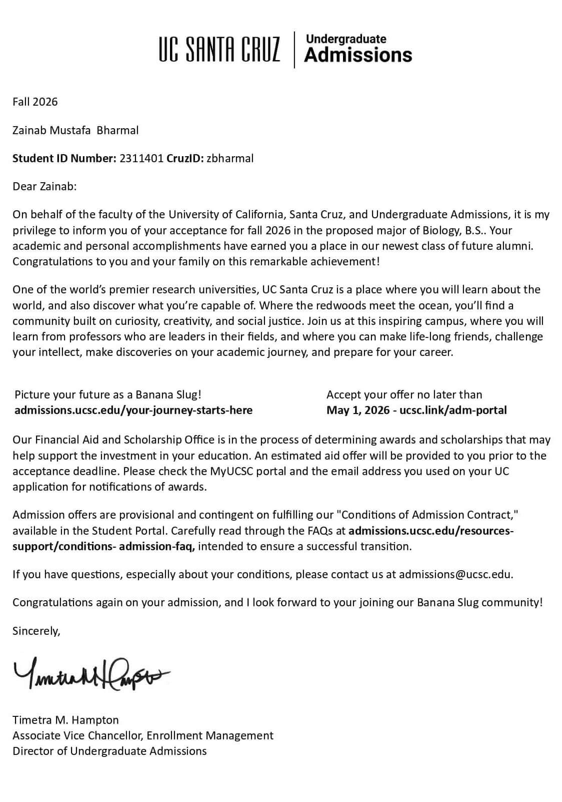 zainab uc santa cruz offer letter