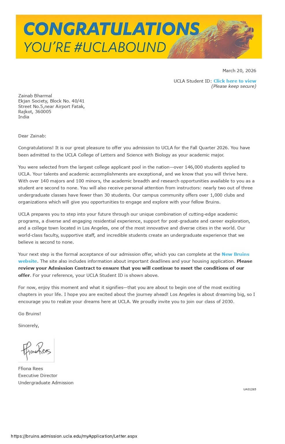 zainab UCLA offer