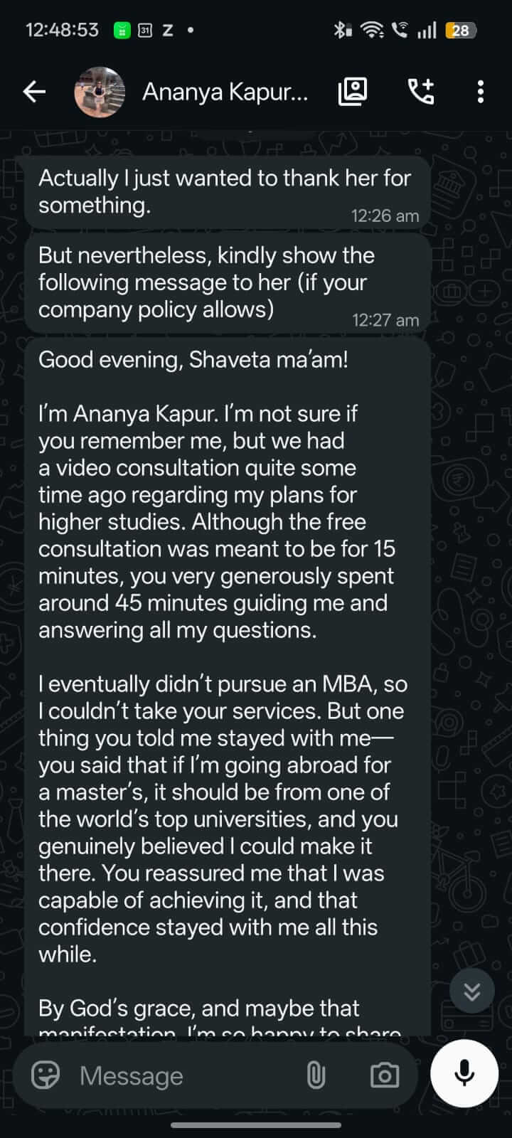 WhatsApp Testimonial - Ananya