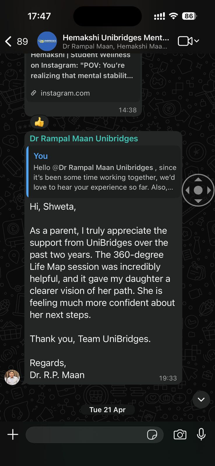 WhatsApp Testimonial - Dr. Maan
